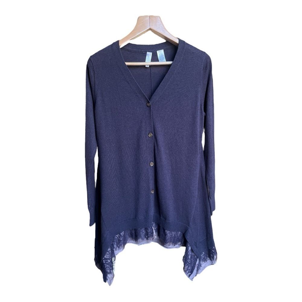 Tamsy Women’s Cashmere Cotton Navy Blue Lace Hem Tunic Cardigan Sweater, Small